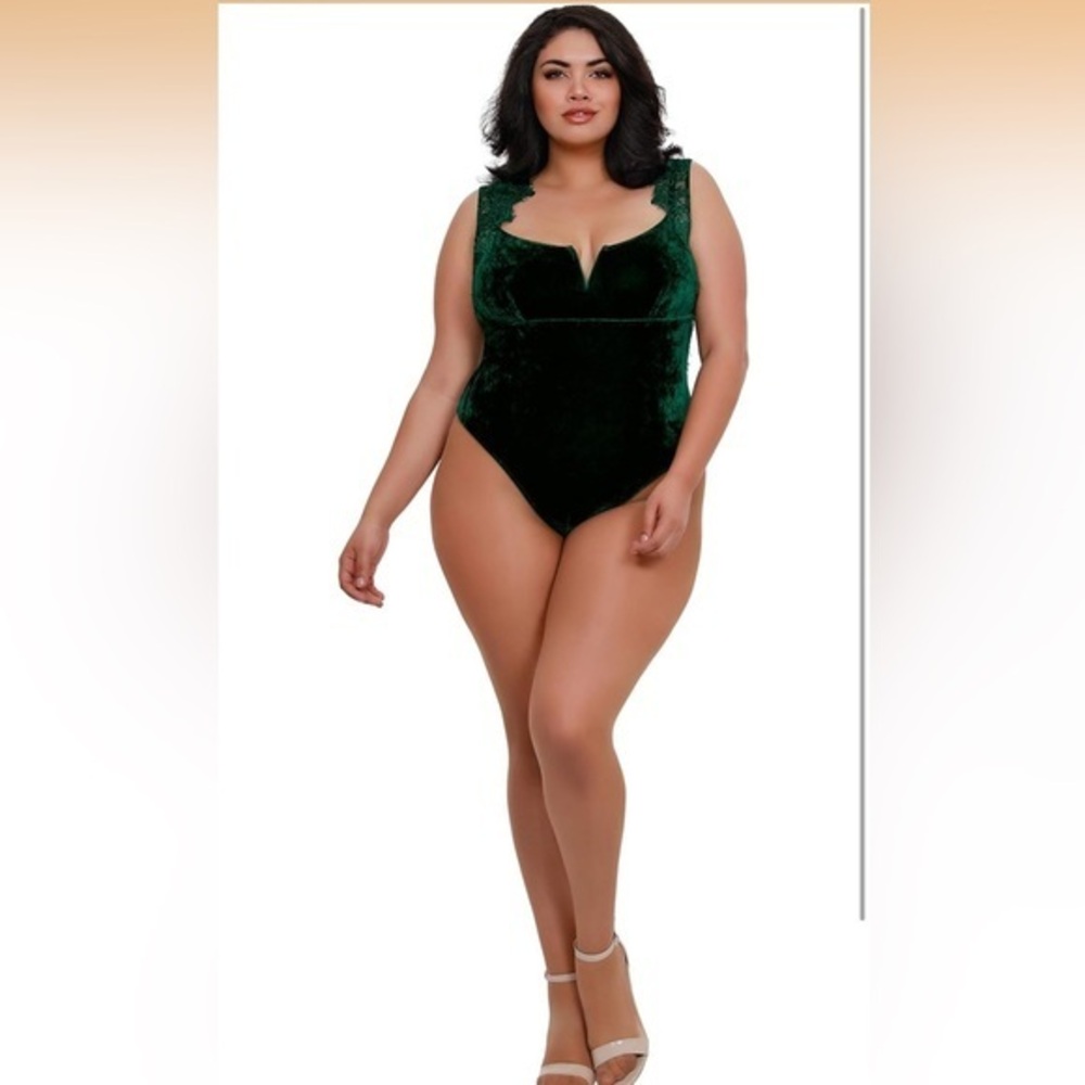 DREAMGIRL Plus Size Velvet  Teddy Bodysuit Evergreen Lingerie 2X